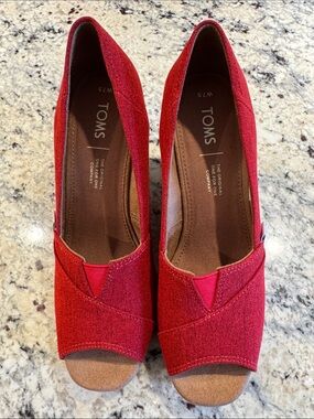 TOMS Red Peep-Toe Slip-On Wedges